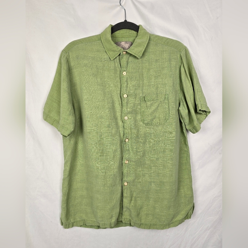 Margaritaville Silk Linen Green Short Sleeve Beachy Travel Button-Up Shirt sz M